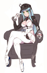 1girl baseball_cap black_bodysuit black_hat black_shrug blue_hair bodysuit breasts cross_hair_ornament crossed_legs frilled_bodysuit girls&#039;_frontline girls&#039;_frontline_2:_exilium gloves green_eyes hair_ornament hat highres hk416_(girls&#039;_frontline) impossible_bodysuit impossible_clothes klukai_(girls&#039;_frontline_2) klukai_(speed_star)_(girls&#039;_frontline_2) large_breasts long_hair looking_at_viewer official_alternate_costume shrug_(clothing) simple_background skin_tight solo suga_leon tattoo teardrop_facial_mark teardrop_tattoo two-tone_bodysuit white_bodysuit