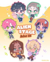 ... 3boys 3girls alien_stage baseball_cap beanie black_hair black_pants black_shoes black_sweater blonde_hair blue_outline blush bottle brown_hair brown_hat brown_pants brown_shoes clothes_writing collared_shirt commentary copyright_name cup dark-skinned_female dark_skin deformed drooling earrings english_commentary english_text full_body glasses green_eyes green_outline green_scrunchie green_shirt grey_eyes grey_hair grey_hoodie grey_pants grey_shirt hair_ornament hair_scrunchie hat heart heart_in_eye holding holding_bottle holding_cup hood hoodie hyuna_(alien_stage) ivan_(alien_stage) jewelry luka_(alien_stage) mizi_(alien_stage) mouth_drool multiple_boys multiple_girls off-shoulder_sweater off_shoulder orange_outline orange_shirt outline pants pink_hair pink_outline purple_eyes purple_outline putih_rice red_eyes red_shoes scrunchie shirt shoes spoken_ellipsis sua_(alien_stage) sweat sweater symbol_in_eye till_(alien_stage) white_shirt white_shoes