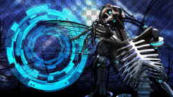 1girl 2012 3d abstract_background blue_eyes breasts ca_(maeda_koutarou) calne_ca_(deino) checkered_background deino_(deino3330) insect_wings joints looking_at_viewer mechanical_arms nato-kun original ribs robot_joints skeleton skull solo spine teeth wings