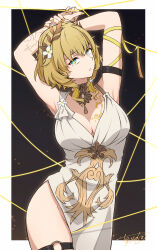 1girl absurdres aglaea_(honkai:_star_rail) ancient_greek_clothes armpits arms_up blonde_hair border breast_tattoo breasts cherrrim cleavage dress flower gold_tattoo greco-roman_clothes green_eyes hair_flower hair_ornament highres honkai:_star_rail honkai_(series) large_breasts laurel_crown looking_at_viewer short_hair signature solo tattoo thigh_strap thighs thread white_border white_dress yellow_nails