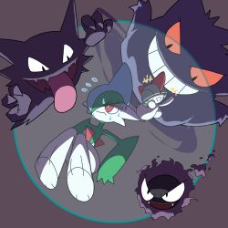 +++ 1boy 1other arms_up black_eyes blue_hair blunt_bangs bowl_cut bright_pupils closed_mouth colored_sclera colored_skin covered_eyes energy_barrier fangs floating flying_sweatdrops full_body gallade gastly gen_1_pokemon gen_3_pokemon gen_4_pokemon gengar green_hair green_skin grin hair_over_eyes hair_over_one_eye happy haunter mohawk monya multicolored_hair multicolored_skin nervous nervous_sweating nintendo no_feet one_eye_covered outstretched_arms pokemon pokemon_(creature) ralts rayman_limbs red_eyes red_sclera smile sweat teeth two-tone_hair two-tone_skin underlighting wavy_mouth white_pupils white_skin