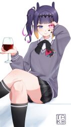 Rule 34 | 1girl, absurdres, alcohol, black bow, black bowtie, black hair, black nails, black skirt, black socks, blue eyes, blunt bangs, blush, bow, bowtie, breasts, center-flap bangs, chuunibyou, closed mouth, collared shirt, colored inner hair, crossed legs, cup, diffraction spikes, dress shirt, drinking glass, feet out of frame, glowing, glowing eye, gradient hair, grey sweater, hair over eyes, headpiece, heterochromia, highres, holding, holding cup, hololive, hololive english, kneehighs, looking at viewer, medium hair, miniskirt, mole, mole under eye, multicolored hair, nail polish, ninomae ina&#039;nis, ninomae ina&#039;nis (school uniform), official alternate costume, official alternate hairstyle, orange hair, parted hair, pink eyes, pink hair, pinky out, plaid clothes, plaid skirt, pleated skirt, pointy ears, school uniform, shirt, side ponytail, sidelocks, signature, simple background, sitting, skirt, small breasts, smile, socks, solo, sweater, takoroki, tentacle hair, v-neck, virtual youtuber, white background, white shirt, wine, wine glass
