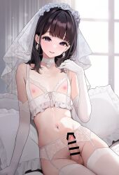 1boy absurdres bar_censor blush bow bra bridal_veil brown_hair censored choker crossdressing cupless_bra earrings elbow_gloves erection flower_hairband frilled_bra frills garter_belt garter_straps gloves heart_pendant highres jewelry lace lace-trimmed_gloves lace_bra lace_choker lace_garter_belt lace_trim legs_together lingerie long_hair looking_at_viewer male_focus navel nipples no_panties on_bed open_mouth original paid_reward penis pillow pubic_hair purple_eyes ring sitting skindentation smile solo solo_focus teeth testicles thighhighs thighs trap turisasu underwear upper_teeth_only veil wedding_ring white_bow white_choker white_garter_belt white_garter_straps white_gloves white_thighhighs
