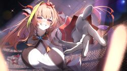 1girl absurdres ahoge arm_strap bare_shoulders blonde_hair bow breasts commentary_request concert dragon_girl dragon_horns foreshortening gloves glowstick grin hair_ornament highres hololive hololive_idol_uniform_(origin) horn_bow horn_ornament horns idol_clothes kiryu_coco large_breasts long_hair looking_at_viewer multicolored_hair official_alternate_costume official_art orange_hair outstretched_arm pointy_ears purple_eyes reaching reaching_towards_viewer sidelocks slit_pupils smile solo_focus sora_shitatoge streaked_hair teeth virtual_youtuber white_gloves