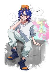 ... 1boy blue_hair blush boots colored_inner_hair conch_(gundam) full_body gundam gundam_gquuuuuux highres lower_eyelashes_only male_focus mochino_ron multicolored_hair non-humanoid_robot pants purple_hair red_eyes robot shirt short_hair shuji_ito sitting solo spoken_ellipsis spray_paint two-tone_hair white_shirt