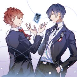 1boy 1girl black_jacket black_pants black_ribbon black_skirt blue_eyes blue_hair brown_hair card floating_card gekkoukan_high_school_uniform hand_in_pocket hashtag-only_commentary highres jacket lluyss long_sleeves neck_ribbon pants parted_lips persona persona_3 persona_3_portable ponytail red_eyes red_ribbon ribbon school_uniform shiomi_kotone shirt short_hair skirt white_background white_shirt yuuki_makoto_(persona_3)