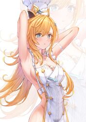 1girl absurdres apron armpits arms_behind_head bare_shoulders blonde_hair blush breasts chef chef_hat cleavage cowboy_shot cowlick escoffier_(genshin_impact) genshin_impact green_eyes hair_ornament hat highres long_hair looking_at_viewer mack_(13mcqn) medium_breasts naked_apron pout sideboob solo sweat symbol_in_eye white_apron white_hat zoom_layer