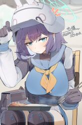 1girl absurdres aqua_halo black_gloves blue_archive blue_hair blue_sailor_collar breasts chopsticks closed_mouth food gloves halo helmet highres holding holding_chopsticks large_breasts looking_at_viewer maton_3110 neckerchief purple_hair sailor_collar saki_(blue_archive) short_hair sitting solo translation_request white_helmet yellow_neckerchief