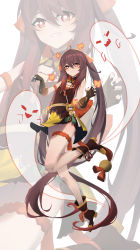 1girl :d absurdres alternate_costume boo_tao_(genshin_impact) bow brown_hair cameo chinese_clothes commentary_request cosplay elbow_gloves fingerless_gloves genshin_impact ghost ghost_pose gloves grin guoba_(genshin_impact) hair_between_eyes hair_bow hair_ribbon highres hu_tao_(genshin_impact) jewelry long_hair looking_at_viewer open_mouth qixia red_eyes ribbon sidelocks simple_background sleeveless smile standing standing_on_one_leg symbol-shaped_pupils thighlet twintails vision_(genshin_impact) xiangling_(genshin_impact) xiangling_(genshin_impact)_(cosplay) zoom_layer