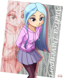 1girl andrea_davenport blue_hair blush brown_eyes character_name freckles highres light_blue_hair long_hair looking_at_viewer multicolored_hair pantyhose pink_sweater purple_skirt skirt smile solo streaked_hair sweater the_ghost_and_molly_mcgee uotapo