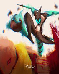 2boys absurdres alien arm_blade ben_10 black_tail blue_eyes blue_tail chromatic_aberration enagatori_38 highres kicking leg_up male_focus mask motion_blur multiple_boys no_humans red_eyes rock signature striped_tail tail vilgax weapon xlr8