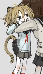 2girls :3 ahoge animal_ears black_skirt blonde_hair brown_eyes brown_hair fang feet_out_of_frame highres hitonatz hug kemonomimi_mode long_sleeves looking_at_another miniskirt multiple_girls null-meta open_mouth pleated_skirt school_uniform serafuku shirt simple_background skirt tail tiger_ears tiger_girl tiger_tail uozumi_kurumi watanabe_yuuka white_background white_shirt