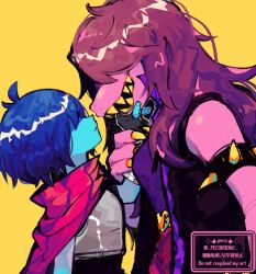 1girl 1other blue_hair blue_skin breasts cape closed_mouth colored_skin covered_eyes deltarune english_text grey_armor kris_(deltarune) open_mouth pink_cape purple_hair purple_skin repikinoko sharp_teeth simple_background smile susie_(deltarune) teeth twitter_username upper_body yellow_background yellow_nails