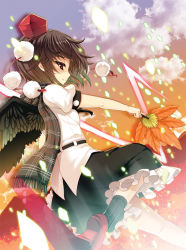 1girl brown_hair danmaku female_focus from_below geta hat kumao_mofumofu leaf_fan looking_back red_eyes sash scarf shameimaru_aya solo sunset tengu-geta tokin_hat touhou