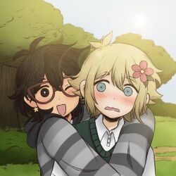 1boy 1girl ;d antenna_hair basil_(faraway)_(omori) basil_(omori) black_eyes black_hair blonde_hair blue_eyes blush brown-framed_eyewear collared_shirt day donuqx earrings flower glasses green_sweater_vest hair_flower hair_ornament hatching_(texture) highres hood hoodie hug jewelry long_sleeves looking_at_another mincy_(omori) omocat_(style) omori one_eye_closed open_mouth outdoors shirt short_hair short_sleeves smile star_(symbol) star_earrings sweater_vest twitter_username white_shirt