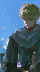 1boy axis_powers_hetalia bird blonde_hair blue_sky day earrings glasses green_eyes highres jacket jewelry male_focus outdoors scarf shirt short_hair sky solo thick_eyebrows united_kingdom_(hetalia) upper_body wafen_juemu