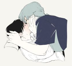 2boys bakushi_(smys2017) black_hair blush grey_hair highres kiss madk male_focus multiple_boys original short_hair sweat yaoi