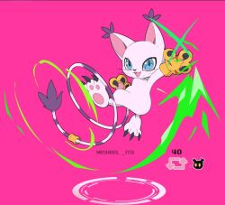 animal_hands blue_eyes body_fur cat digimon digimon_(creature) full_body gloves mishael_ita missing_commentary paw_gloves pink_background simple_background solo tail tail_ornament tail_ring whiskers white_fur