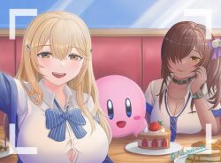 1boy 2girls adobolaide alien blonde_hair breasts brown_hair button_gap cake crossover dark-skinned_female dark_skin food fruit goddess_of_victory:_nikke hair_over_one_eye kirby kirby_(series) large_breasts long_hair looking_at_viewer multiple_girls naga_(nikke) nintendo pale_skin selfie smile strawberry tia_(nikke)