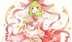 1girl blush bouquet bow commentary_request elbow_gloves flower frilled_bow frilled_ribbon frills gloves green_eyes green_hair hair_bow holding holding_bouquet kagiyama_hina long_hair looking_at_viewer open_mouth red_bow red_gloves red_ribbon red_skirt ribbon shiro_tsugumi skirt smile solo touhou traditional_media veil white_flower