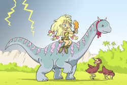 1girl anachronism bare_shoulders bird blonde_hair blue_eyes blush boned_meat bow caveman cavewoman dinosaur dodo_(bird) female_focus food grass hair_bow hair_ribbon happy jewelry kabiinyo_(kab) lightning long_hair low-tied_long_hair meat necklace original outdoors red_bow ribbon riding riding_dinosaur smile solo strapless