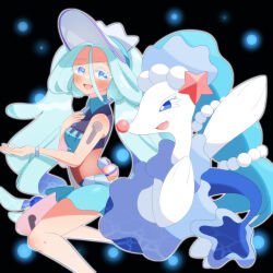 1girl :d absurdres black_background blue_eyes blush bracelet colored_eyelashes commentary_request creatures_(company) eyelashes game_freak gen_7_pokemon green_hair hand_up hatsune_miku heal_ball highres jewelry long_hair looking_to_the_side nintendo open_mouth outline petako_(ptpt_k) poke_ball pokemon pokemon_(creature) primarina project_voltage smile swimsuit tongue twintails visor_cap vocaloid water_miku_(project_voltage) white_headwear