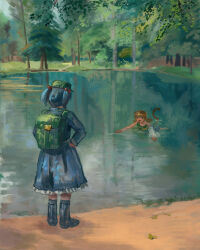 2girls amibazh backpack bag blue_boots blue_hair blue_shirt blue_skirt boots brown_hair cabbie_hat fine_art_parody full_body green_bag green_hat hair_bobbles hair_ornament hat impressionism in_the_park_(jeanniot) kawashiro_nitori lake looking_at_another monkey_tail multiple_girls open_mouth outdoors parody rubber_boots shirt short_hair skirt skirt_set smile son_biten standing swimming tail touhou tree two_side_up