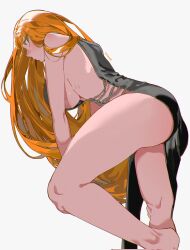 1girl alternate_costume black_dress breasts dress freckles from_side green_eyes hair_down highres ishmael_(project_moon) limbus_company long_hair orange_hair project_moon simple_background solo white_background yongsadragon