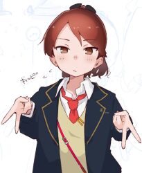 Rule 34 | 1girl, alternate costume, blazer, blue jacket, brother and sister, brown eyes, collared shirt, commentary request, double gyaru v, dress shirt, grey sweater vest, gyaru v, jacket, kantai collection, ma rukan, necktie, ponytail, red necktie, shikinami (kancolle), shirt, short hair, siblings, solo, sweater vest, upper body, v, white background, white shirt