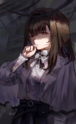 Rule 34 | 1girl, absurdres, arknights, black eyes, black skirt, bow, brown hair, cable, closed mouth, commentary, half-closed eyes, hand to own mouth, highres, light particles, long sleeves, looking at viewer, medium hair, mumu millhayes, priestess (arknights), skirt, solo, sweater, thinking, turtleneck, turtleneck sweater, white bow, white sweater