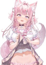 1girl animal_ear_fluff animal_ears antenna_hair belt_collar blunt_bangs blush bow bowtie breast_pocket breasts clothes_lift clothing_cutout collar commentary_request corrupted_twitter_file coyote earrings fang fingernails frilled_sailor_collar frills hair_ornament hairclip hairpin hakui_koyori hakui_koyori_(school_uniform) highres hololive jewelry large_breasts lifting_own_clothes long_hair looking_at_viewer namakatsu navel official_alternate_costume official_alternate_hairstyle open_mouth panties pendant_collar pink_bow pink_bowtie pink_eyes pink_hair pink_panties pink_sailor_collar plaid_clothes plaid_skirt pocket puffy_short_sleeves puffy_sleeves sailor_collar school_uniform short_sleeves shoulder_cutout side-tie_panties simple_background skin_fang skirt skirt_lift solo stomach straight-on tail two_side_up underwear upper_body virtual_youtuber white_background wolf_ears wolf_girl wolf_tail