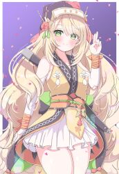 1girl ainu_clothes asage_(asgsn) bare_shoulders blonde_hair blush border celine_(fire_emblem) celine_(ninja)_(fire_emblem) closed_mouth cowboy_shot detached_sleeves fire_emblem fire_emblem_engage fire_emblem_heroes green_eyes hair_between_eyes highres kuji-in long_hair looking_at_viewer ninja nintendo official_alternate_costume outside_border purple_background skirt smile solo very_long_hair white_border white_skirt