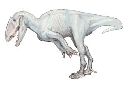 absurdres albino animal_focus claws dinosaur highres indominus_rex jurassic_world mossacannibalis no_humans prehistoric_animal red_eyes sharp_teeth tail teeth theropod white_background