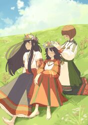 3girls artist_name barefoot black_hair blue_sky blunt_bangs blush brown_hair closed_eyes closed_mouth cloud cloudy_sky commentary dated dress english_commentary grey_eyes hair_between_eyes hand_on_another&#039;s_head hashtag-only_commentary head_wreath highres holding jewelry kill_la_kill kiryuuin_satsuki kneeling long_hair looking_at_another looking_to_the_side looking_up mankanshoku_mako matoi_ryuuko multiple_girls nature necklace on_grass open_mouth outdoors qeeki short_hair siblings sisters sitting sky slavic_clothes teeth