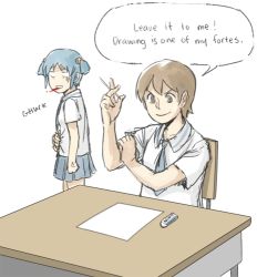 1boy 2girls aioi_yuuko animated animated_gif bad_id bad_tumblr_id blood blue_hair brand_name_imitation brown_eyes brown_hair cube_hair_ornament drawing english_text eraser gokotan hair_ornament how_to lowres multiple_girls naganohara_mio necktie nichijou no_pupils school_uniform short_hair short_twintails skirt tokisadame_school_uniform tombow_mono twintails vomit