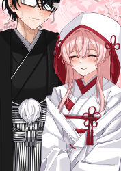 1boy 1girl absurdres black_hair blue_archive blue_eyes blush closed_eyes dress halo highres japanese_clothes jewelry male_sensei_(blue_archive) pink_background pink_hair pink_halo ring rynn_(darknescorez) sensei_(blue_archive) short_hair smile wedding_dress