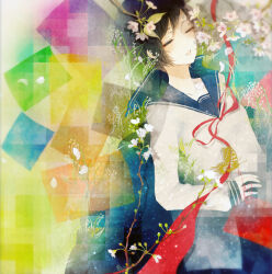 1girl black_hair blue_background blue_sailor_collar blue_skirt branch cherry_blossoms closed_eyes collarbone commentary_request cowboy_shot flower green_background leaf light_particles lips long_sleeves miniskirt original parted_lips pen_(penchop) pink_lips sailor_collar school_uniform serafuku shirt short_hair skirt sleeves_past_wrists solo square standing string string_around_finger string_of_fate teeth two-tone_background white_flower white_shirt