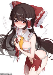 1girl absurdres artist_name asaka_haru123 ascot blunt_bangs bow breasts brown_hair chest_sarashi clenched_teeth commentary_request frilled_bow frilled_hair_tubes frilled_sailor_collar frills hair_bow hair_tubes hakurei_reimu half_updo highres long_hair medium_breasts panties sailor_collar sarashi simple_background solo sweatdrop tears teeth thighs torn_clothes touhou translation_request twitter_username underwear very_long_hair white_background white_panties yellow_ascot