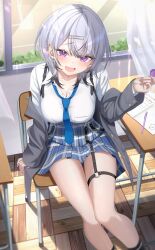 1girl :d =_hair_ornament absurdres arm_support belt black_belt blue_necktie blue_skirt blush breasts candy chain chair chest_harness cleavage collarbone collared_shirt commentary_request cross cross_earrings curtains day desk earrings food garter_straps gradient_hair grey_hair grey_jacket gyaru hair_between_eyes hand_up harness highres holding holding_candy holding_food holding_lollipop indoors jacket jewelry kunimine_yuzuki large_breasts lollipop long_sleeves looking_at_viewer medium_hair mesugaki multicolored_hair nail_polish necktie notebook on_chair open_clothes open_jacket open_mouth original pen plaid_clothes plaid_skirt pleated_skirt purple_eyes purple_nails school_chair school_desk school_uniform shirt single_earring sitting skirt smile solo strap thigh_strap thighs tile_floor tiles white_shirt window