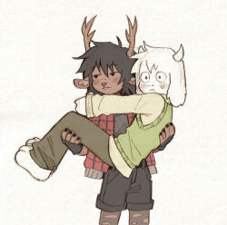 1boy 1girl animal_ears antlers asriel_dreemurr black_gloves black_nails black_pantyhose black_shorts carrying carrying_person commentary december_holiday deer_antlers deer_ears deer_girl deltarune english_commentary fingerless_gloves furry furry_female furry_male gloves goat_ears goat_horns green_sweater_vest highres horns pantyhose plaid_clothes plaid_shirt red_shirt shirt shorts sweater_vest szivarvanyturmix02 torn_clothes torn_pantyhose white_horns white_shirt