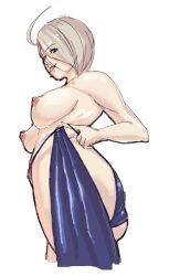1girl angel_(kof) ass blue_eyes breasts breasts_out cleavage curvy female_focus fingerless_gloves gloves hair_over_one_eye hand_on_own_hip huge_ass jacket large_breasts leather leather_gloves leather_jacket looking_at_viewer looking_back mayikillu mayikillyou nipples one_eye_covered pale_skin panties panty_pull shiny_clothes shiny_skin short_hair smile smiley_face standing the_king_of_fighters thick_thighs thighs tight_clothes underwear undressing white_hair wide_hips
