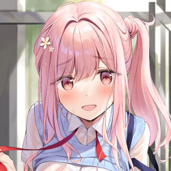 1girl :d blue_sweater_vest blush collared_shirt commentary_request cropped flower hair_flower hair_intakes hair_ornament long_hair looking_at_viewer open_mouth original oryo_(oryo04) paid_reward_available pink_eyes pink_hair red_ribbon ribbon school_uniform see-through_clothes see-through_shirt shirt side_ponytail smile solo sweater_vest sweater_vest_lift undressing wet wet_clothes wet_shirt white_shirt wing_collar