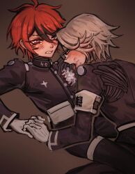 2boys ahoge aotsuki_eito armband black_hair black_pants black_shirt blood blood_on_face glasses gradient_background grey_hair hair_between_eyes holding_hands kurapixel last_defense_academy_school_uniform long_sleeves looking_at_another male_focus messy_hair multicolored_hair multiple_boys open_mouth pants red_eyes red_hair shirt streaked_hair sumino_takumi teeth the_hundred_line_-last_defense_academy- tongue tongue_out yaoi