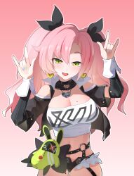 Rule 34 | 1girl, \m/, a maple, absurdres, bangboo (zenless zone zero), black ribbon, black shorts, breasts, cleavage, clothing cutout, cowboy shot, crop top, earrings, green eyes, heart, heart earrings, heart necklace, highres, jewelry, large breasts, looking at viewer, micro shorts, mole, mole on breast, mole on thigh, mole under eye, necklace, nicole demara, pink hair, ribbon, shorts, shoulder cutout, smile, strapless, tube top, twintails, white tube top, zenless zone zero