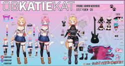 1girl 7-string_guitar animal_ear_fluff animal_ears artist_request asymmetrical_legwear asymmetrical_pants bandaid bandaid_on_face bandaid_on_nose belt black_belt black_bra black_corset black_footwear black_gloves black_pants black_shirt black_socks black_thighhighs blonde_hair blue_hair blue_skirt boots bra breasts brown_footwear cat cat_ears cat_girl cat_necklace cat_tail character_name chest_belt clawed_boots cleavage collarbone color_guide corset cross-laced_footwear extended_range_guitar fingerless_gloves full_body gloves gradient_background gradient_hair guitar hair_ornament highres indie_virtual_youtuber instrument large_breasts long_hair midriff millennium_eye millennium_ring multicolored_hair multiple_views navel obkatiekat obkatiekat_(1st_costume) obkatiekat_(2nd_costume) off_shoulder pants patch paw_print pink_hair pleated_skirt see-through_cleavage see-through_clothes shirt short_hair skirt socks strapless suspender_skirt suspenders tail thigh_belt thigh_strap thighhighs torn_clothes torn_pants torn_thighhighs tube_top twitch_username twitter_username underwear union_jack variations virtual_youtuber white_tube_top youtube_username yu-gi-oh! yu-gi-oh!_duel_monsters