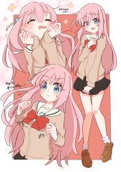 1girl alternate_costume black_skirt blue_eyes bocchi_the_rock! bow breasts brown_shoes closed_eyes commentary_request dokusai_113 drooling flower full_body gotoh_hitori hair_ornament hands_up highres long_hair long_sleeves looking_at_viewer mouth_drool multiple_views pink_flower pink_hair pleated_skirt red_bow sailor_collar school_uniform shoes short_sidetail simple_background skirt sweat sweatdrop translation_request white_sailor_collar