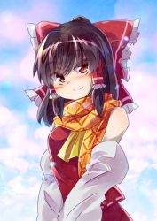1girl ascot bare_shoulders blush bow brown_eyes brown_hair closed_mouth cloud commentary detached_sleeves frilled_bow frilled_hair_tubes frills hair_bow hair_tubes hakurei_reimu looking_at_viewer orange_scarf red_bow ryuu_(multitask) scarf smile solo touhou upper_body yellow_ascot