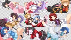 6+girls animal_ears black_hair blonde_hair blue_hair blush brown_hair dutch_angle hairband hemogurobin_a1c heterochromia highres holding holding_umbrella horikawa_raiko inaba_tewi junko_(touhou) kaku_seiga long_hair looking_at_viewer low_twintails lunasa_prismriver lyrica_prismriver merlin_prismriver miyako_yoshika multiple_girls necktie ofuda ofuda_on_head panties pink_hairband purple_eyes purple_hair purple_necktie rabbit_ears rabbit_girl red_eyes red_hair reisen_udongein_inaba shirt short_hair tatara_kogasa touhou tsukumo_benben tsukumo_yatsuhashi twintails umbrella underwear white_panties white_shirt