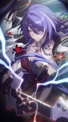 1girl absurdres acheron_(honkai:_star_rail) acheron_(star_rail_live_2025)_(honkai:_star_rail) asymmetrical_gloves black_gloves breasts chinese_commentary chromatic_aberration cleavage closed_mouth commentary_request cowboy_shot dress elbow_gloves electric_guitar electricity flower gloves guitar highres honkai:_star_rail honkai_(series) instrument jewelry large_breasts long_hair looking_at_viewer madyy multicolored_hair necklace official_alternate_costume purple_hair red_dress red_flower single_elbow_glove solo streaked_hair uneven_gloves