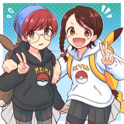 2girls :d alternate_costume backpack bag black_hoodie black_shorts blue_hair blush border braid brown_eyes brown_hair commentary_request eevee_backpack flying_sweatdrops glasses grey_eyes hood hood_down hoodie juliana_(pokemon) matching_outfits multicolored_hair multiple_girls nintendo notice_lines open_mouth penny_(pokemon) poke_ball_print pokemon pokemon_sv red_hair round_eyewear see-through_clothes see-through_skirt short_hair shorts shorts_under_skirt side_braid skirt smile sweatdrop two-tone_hair user_ujzy3542 v very_short_hair watermark white_border white_hoodie